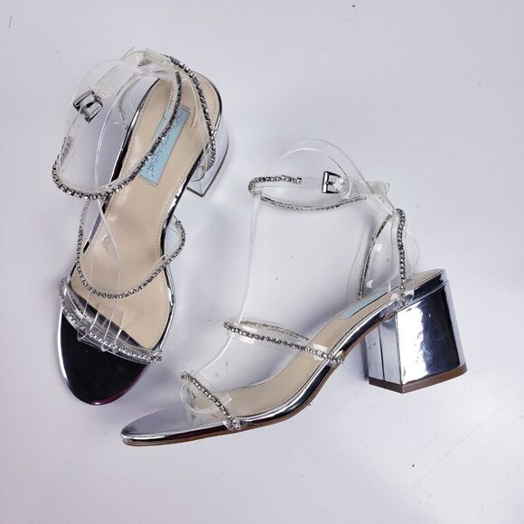 Betsey Johnson 8  Silver Block Heel Rhinestone Slingback Sandal Party Cocktail - Picture 1 of 9